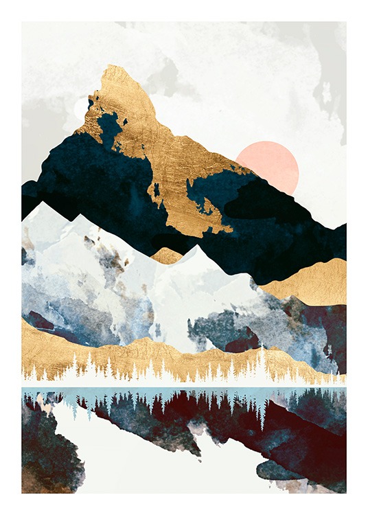  - Grafische illustratie van een landschap met bergen en een maan die in een meer weerspiegelt