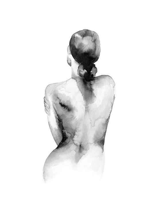  - Zwart-witte aquarel van een naakte vrouw, op de rug gezien