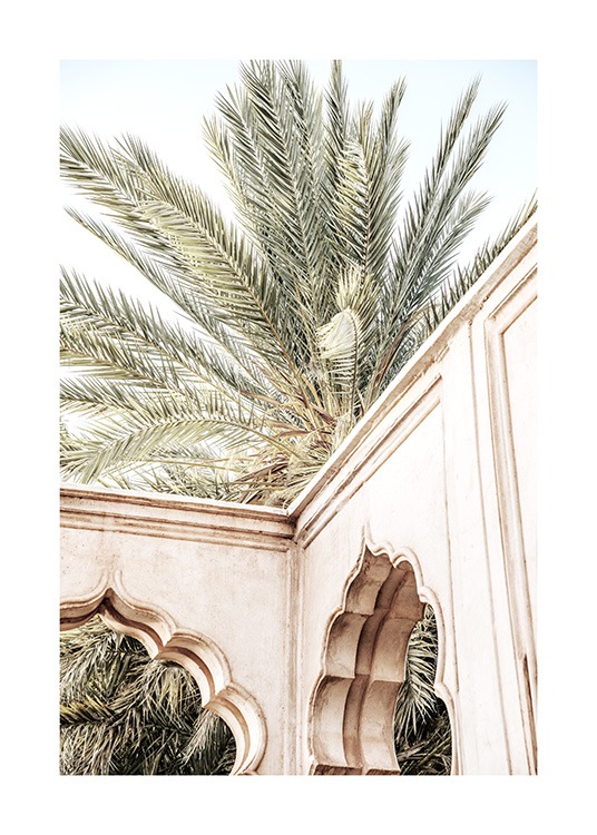  - Foto van een beige gebouw met gewelfde bogen voor een palmboom