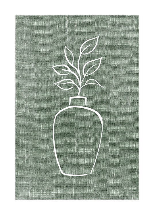  – Illustratie van een witte vaas met bladeren op een groene, linnenachtige achtergrond