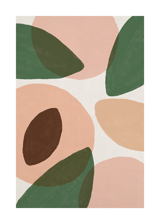  – Illustratie met groene bladeren en perziken op een lichtgrijze achtergrond