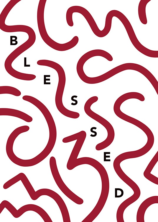  – Grafische illustratie met het woord Blessed en dikke, rode lijnen op een witte achtergrond