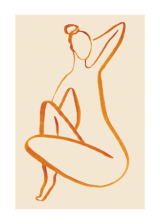  – Illustratie van line art van een naakte vrouw, getekend in oranje op een lichtbeige achtergrond