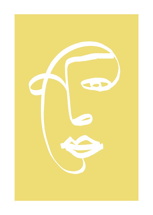  – Illustratie met een abstract gezicht in wit op een gele achtergrond