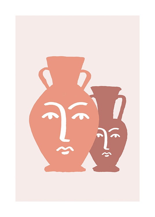  – Grafische illustratie van vazen in roze en bruin met abstracte gezichten in wit