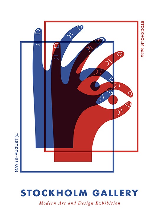  – Grafische illustratie met twee handen in rood en blauw die ogen vormen met hun vingers