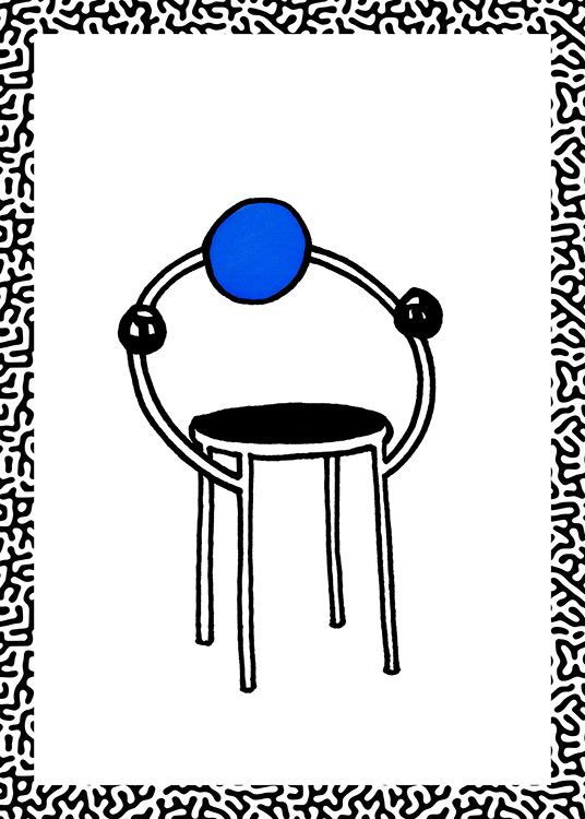  – Grafische illustratie van een abstracte stoel met een ronde rugleuning en een patroon aan de randen