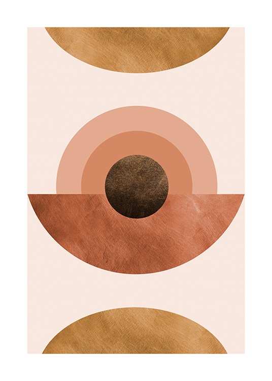 – Grafische illustratie met abstracte halve cirkels en cirkels in warme kleuren op een roze achtergrond