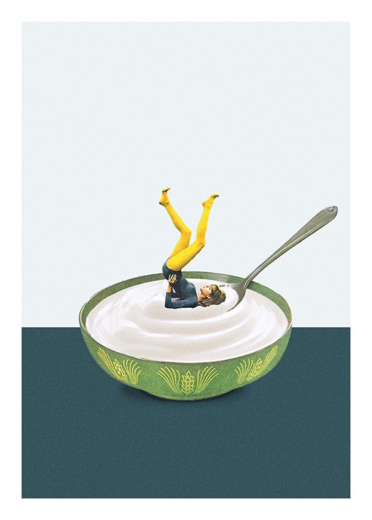  – Foto van een vrouw met een gele panty in een kom met yoghurt