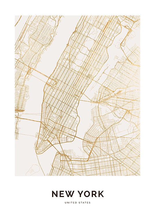  – Kaart van New York in goud op een witte achtergrond, met tekst onderaan