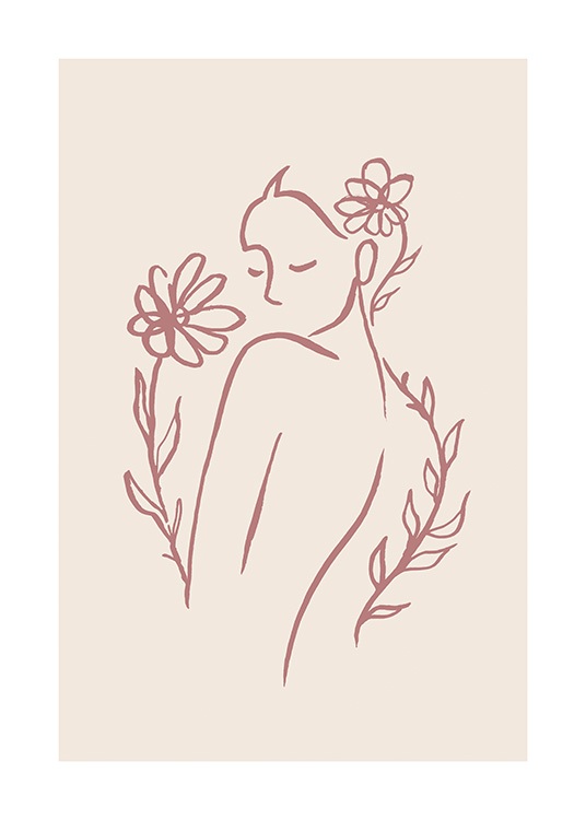  – Illustratie in line art van een vrouw met bloemen om haar heen, op een beige achtergrond