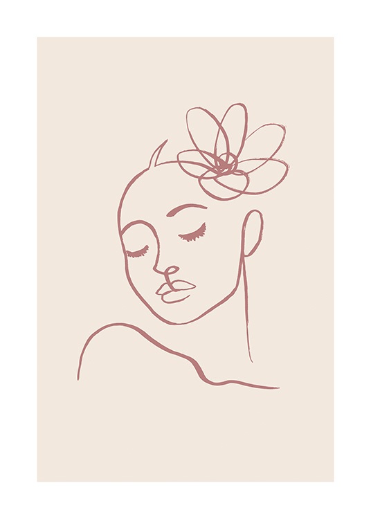  – Illustratie van een vrouw met een bloem in het haar getekend in lichtrood op een beige achtergrond