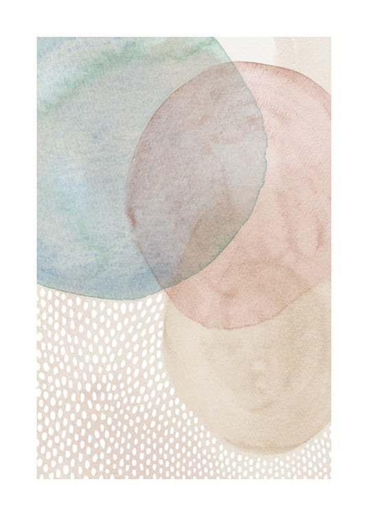  – Illustratie met ronde vormen in beige, roze en blauw met witte stippen op de achtergrond