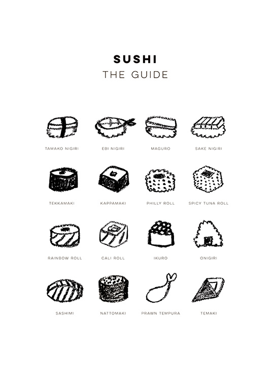  – Soorten sushi in zwart getekend, met de namen eronder en de tekst 