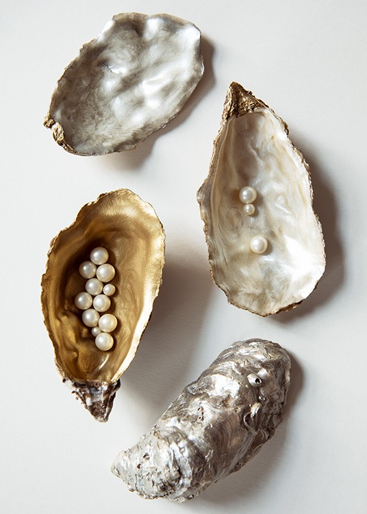  – Foto van gouden en zilveren oesterschelpen met parels in de schelpen
