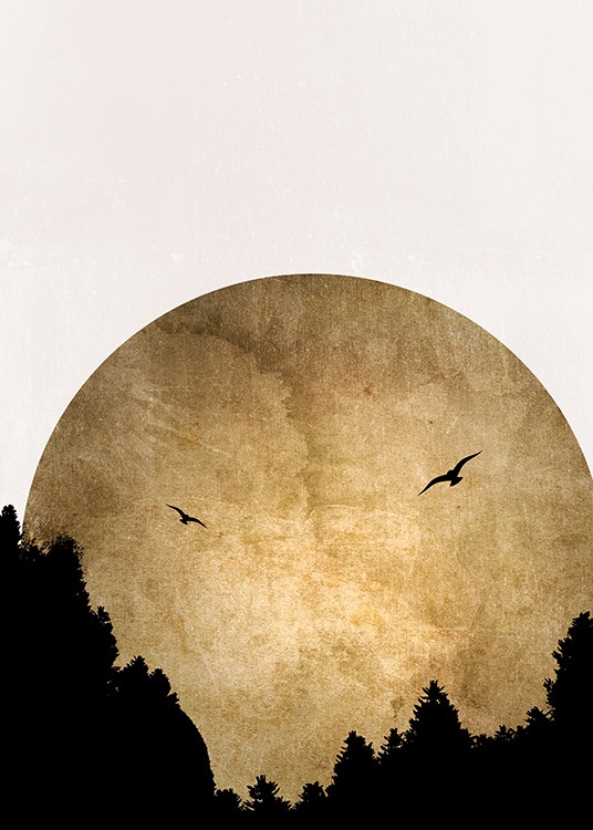  – Grafische illustratie van een gouden zon achter twee vogels en zwarte bomen