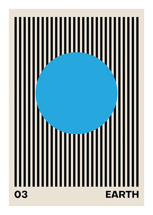  – Grafische illustratie met zwarte strepen achter een blauwe cirkel met een beige achtergrond
