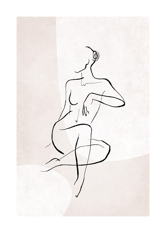  – Line art illustratie van een naakte, zittende vrouw, met zwarte lijnen tegen een lichtroze achtergrond