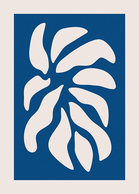  – Grafische illustratie met bloemblaadjes in beige op een donkerblauwe achtergrond, omgeven door een beige rand