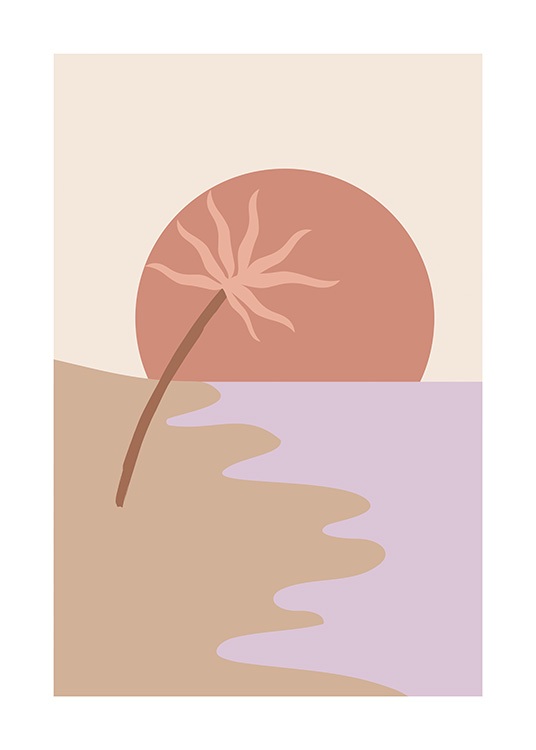  – Grafische illustratie van een strand met een palmboom en een rode zon op de achtergrond