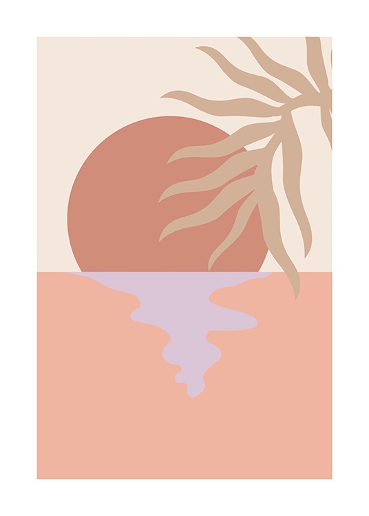  – Grafische illustratie van beige palmbladeren voor een zonsondergang