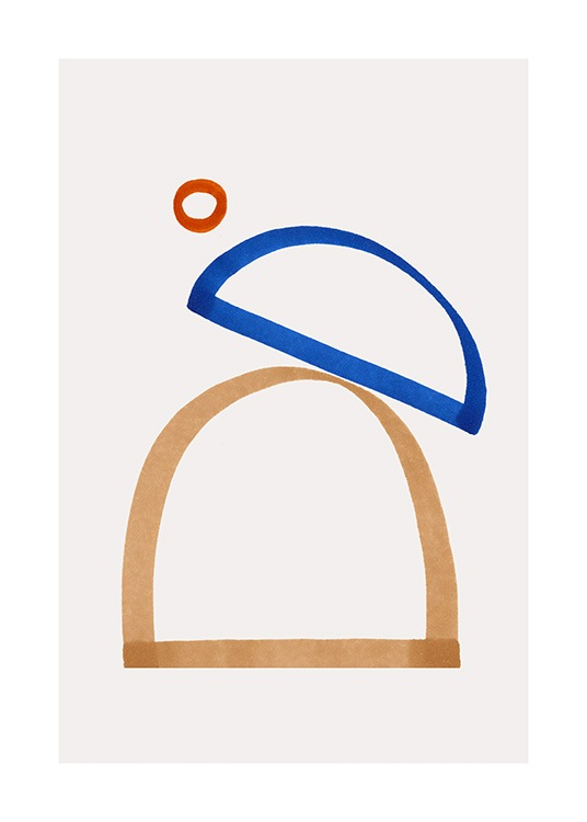  – Grafische illustratie met blauwe en oranje hele en halve cirkels op een lichtbeige achtergrond