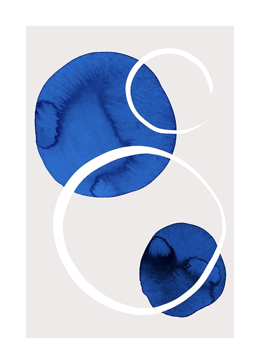  – Illustratie met geschilderde cirkels in donkerblauw en wit op een licht beige achtergrond