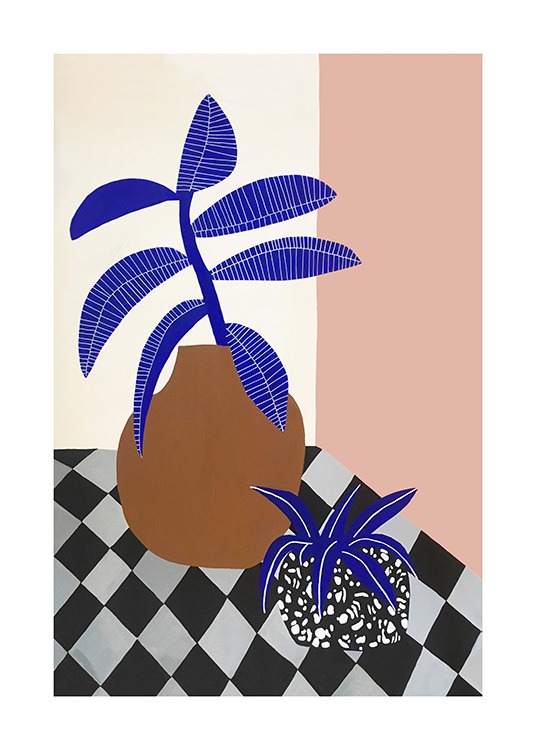 – Grafische illustratie van potten met twee blauwe planten tegen een witte en roze achtergrond