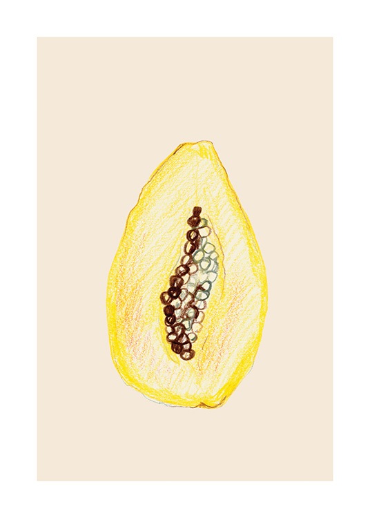  – Illustratie van een papaja in geel tegen een lichtbeige achtergrond