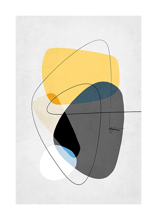  – Grafische illustratie met abstracte vormen in grijs en geel, op een lichtgrijze achtergrond