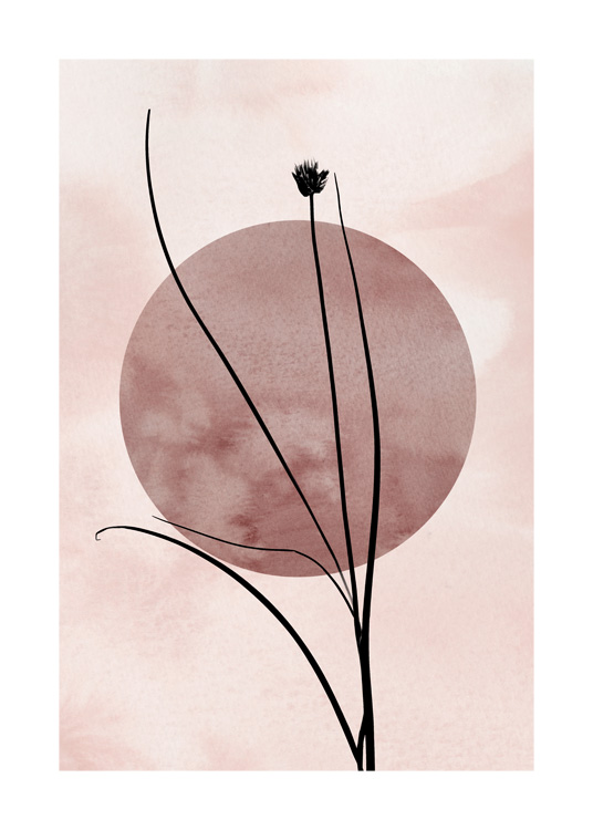  – Illustratie met grassprieten in zwart op een roze achtergrond, met een donkerroze cirkel in het midden