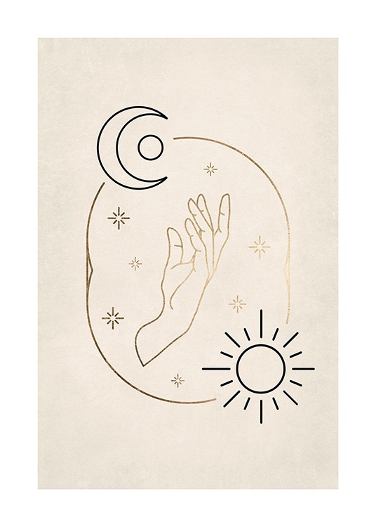  – Illustratie met een zwarte maan en zon die een gouden hand en gouden sterren omringen