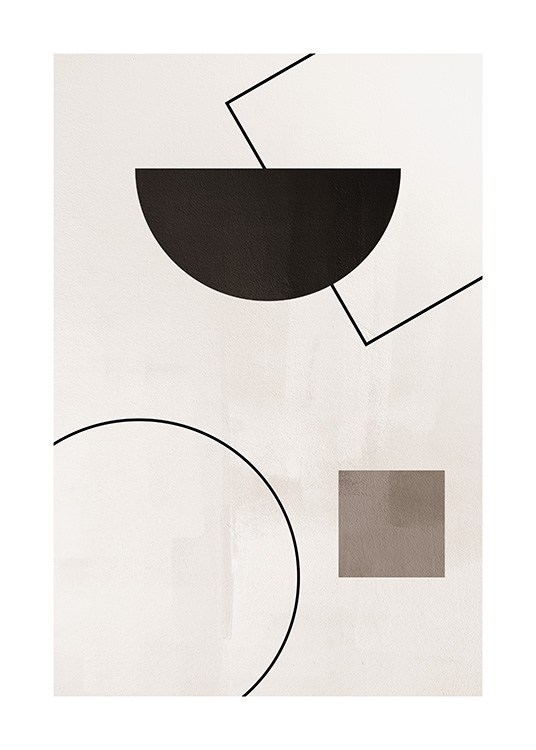  – Grafische illustratie met bruine en zwarte geometrische figuren en lijnen op een beige achtergrond
