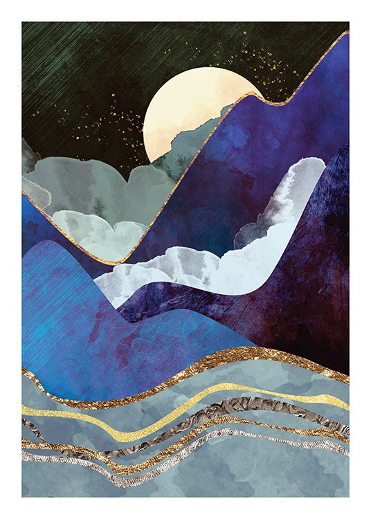  – Grafische illustratie met bergen in donkerblauw, met goud omlijnd, met een maan erachter