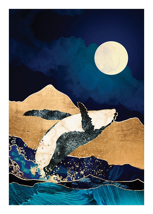  – Grafische illustratie van een maan en gouden bergen achter een walvis die uit het water omhoog komt