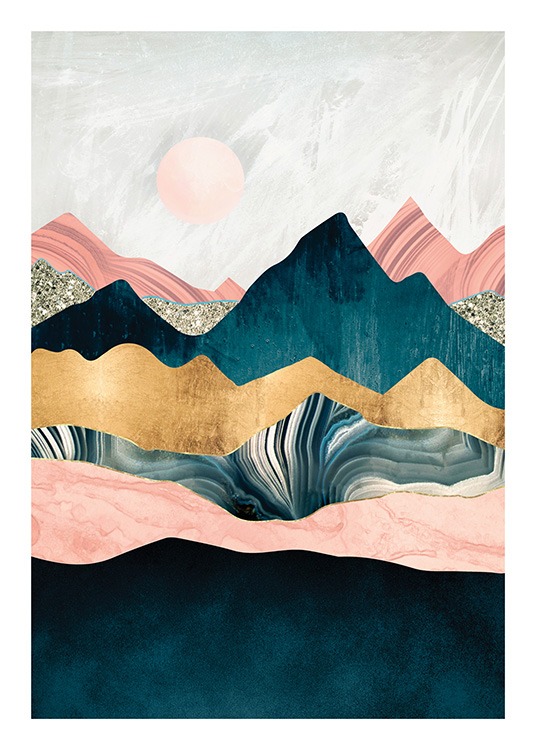  – Grafische illustratie van roze, blauwe en gouden bergtoppen met een roze zon op de achtergrond