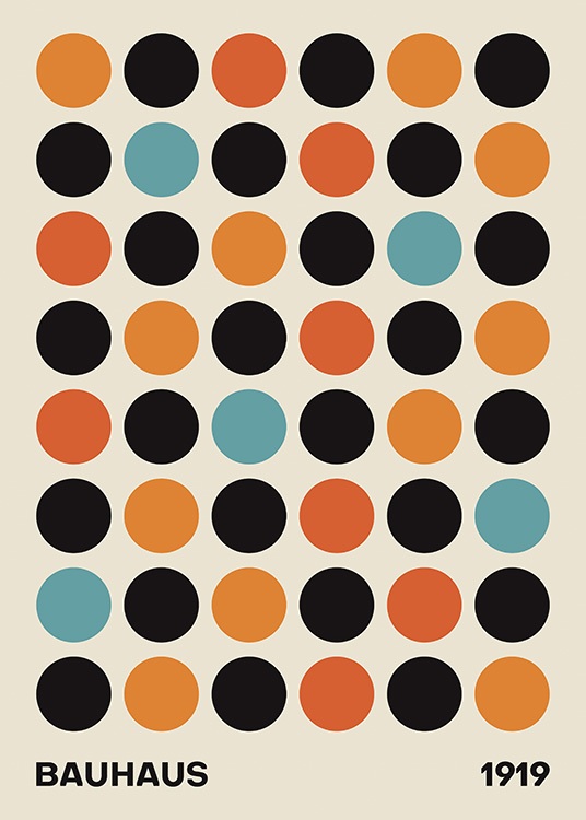  – Grafische illustratie van zwarte, rode, oranje en blauwe cirkels op een beige achtergrond