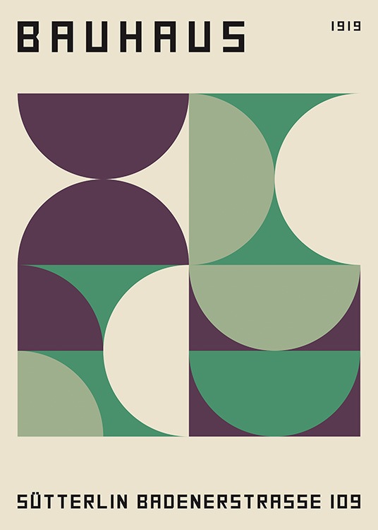  – Grafische illustratie met groene en paarse geometrische vormen op een beige achtergrond