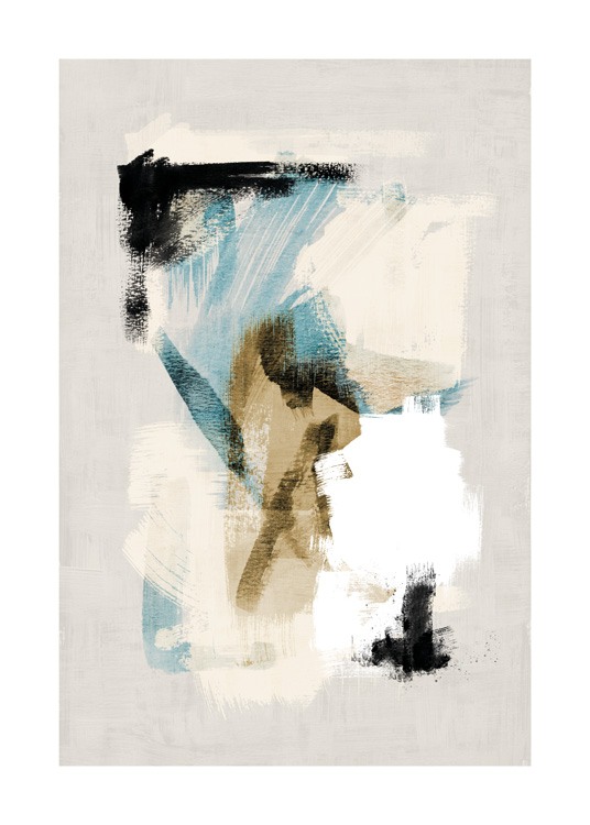  – Schilderij met abstracte penseelstreken in wit, blauw, beige en zwart, op een beige achtergrond