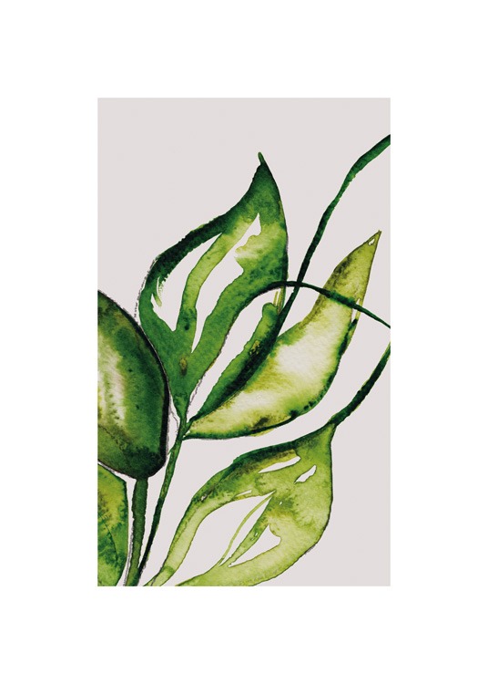  – Schilderij in aquareltechniek van groene bladeren aan een tak tegen een beige achtergrond