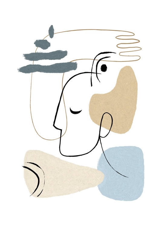  – Illustratie met abstracte vormen in blauw en beige, en een hand en gezicht in line art op een witte achtergrond