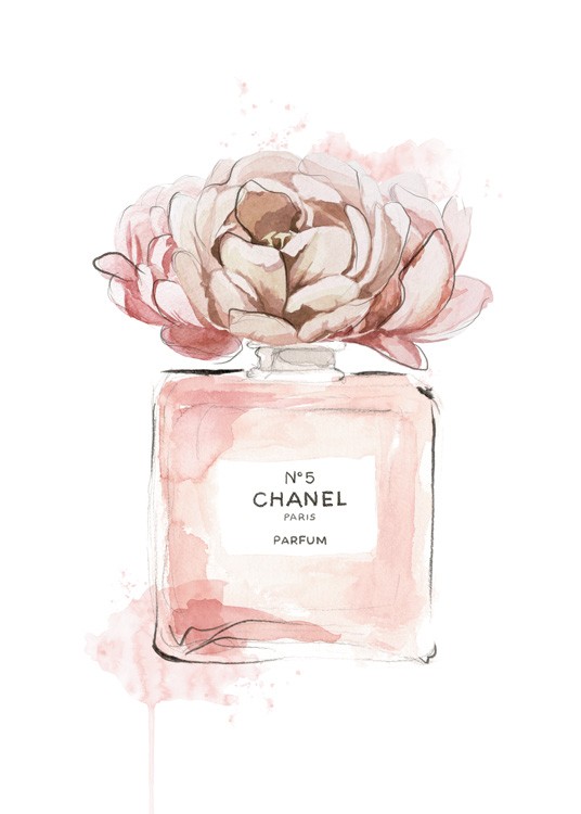  – Aquarel van een parfumfles in roze met een roze bloem erbovenop