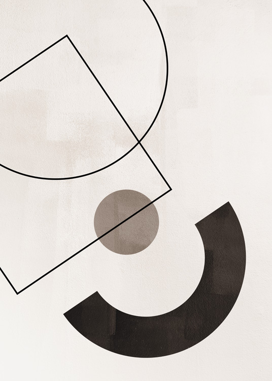  – Grafische illustratie van zwarte en bruine rechthoeken en cirkels op een beige achtergrond