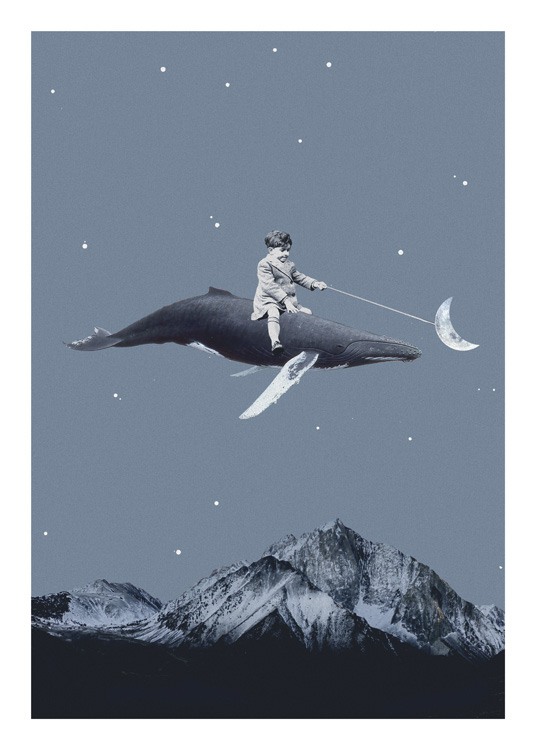  – Grafische illustratie van een walvis die over bergen vliegt terwijl er een kind op zit