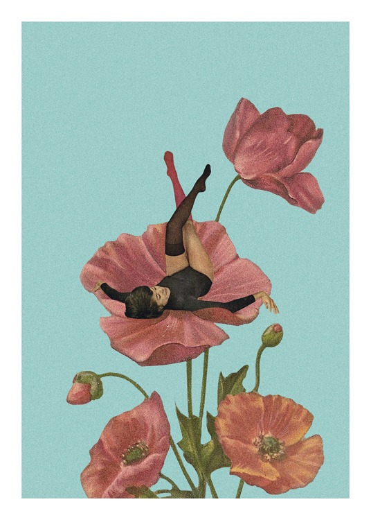  – Grafische illustratie van een bos rode bloemen, met een vrouw in zwart die in één van de bloemen ligt