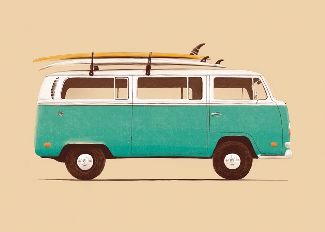  – Illustratie van vintage bus in groen en wit, met surfplanken op het dak