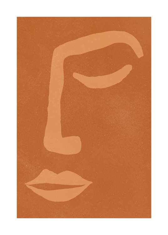  – Illustratie met een abstract gezicht in beige tegen een hazelkleurige achtergrond