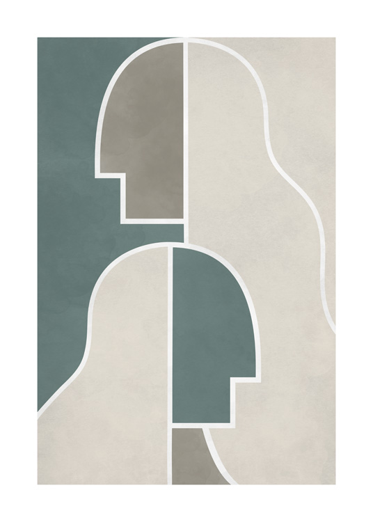  – Grafische illustratie in beige en groen, met abstracte vormen gescheiden door witte lijnen