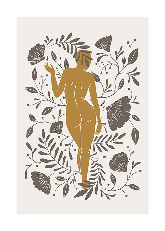  – Grafische illustratie van een oranje, naakte vrouw, van achteren gezien, omgeven door bruine bloemen en bladeren
