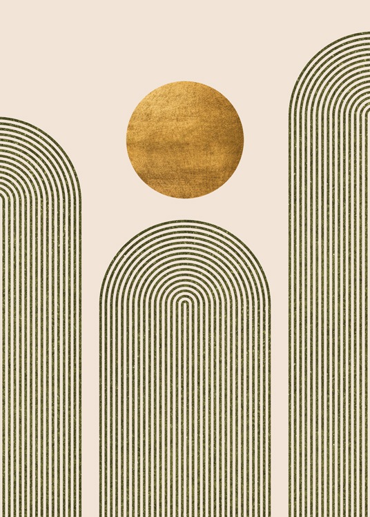 – Grafische illustratie met een gouden cirkel en drie groene bogen tegen een beige achtergrond